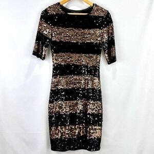 BCBGMaxAzria‎ Gold Black Sequin Mini Dress Small Holiday NYE Party Cocktail Glam